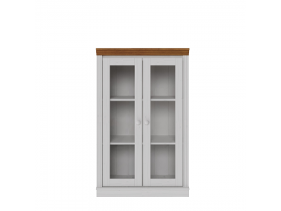 Estante de madeira com 1,19 m na cor branco lavado e mel e duas portas de vidro / Coleção biblioteca